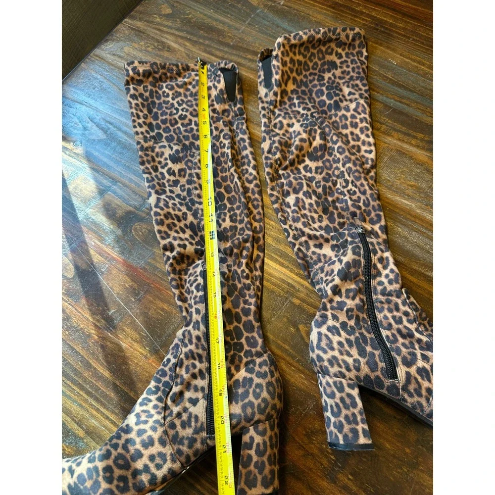 Marc Fisher‎ Leopard Print Over The Knee Block Heel Boots Brown Tan Woman's 8M